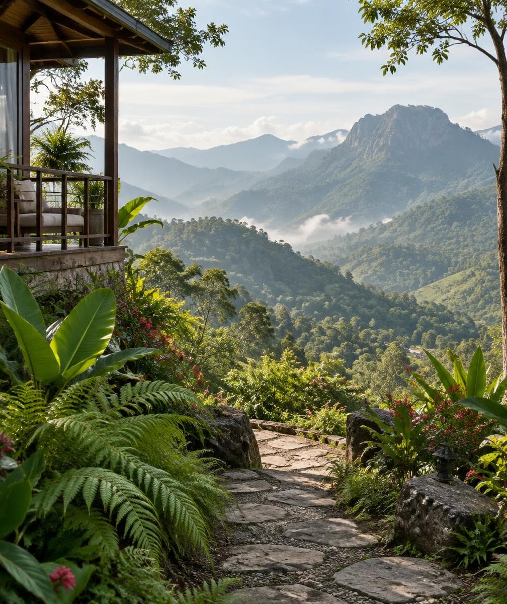 Garden path and mountain scenery in Ella's lush hill country