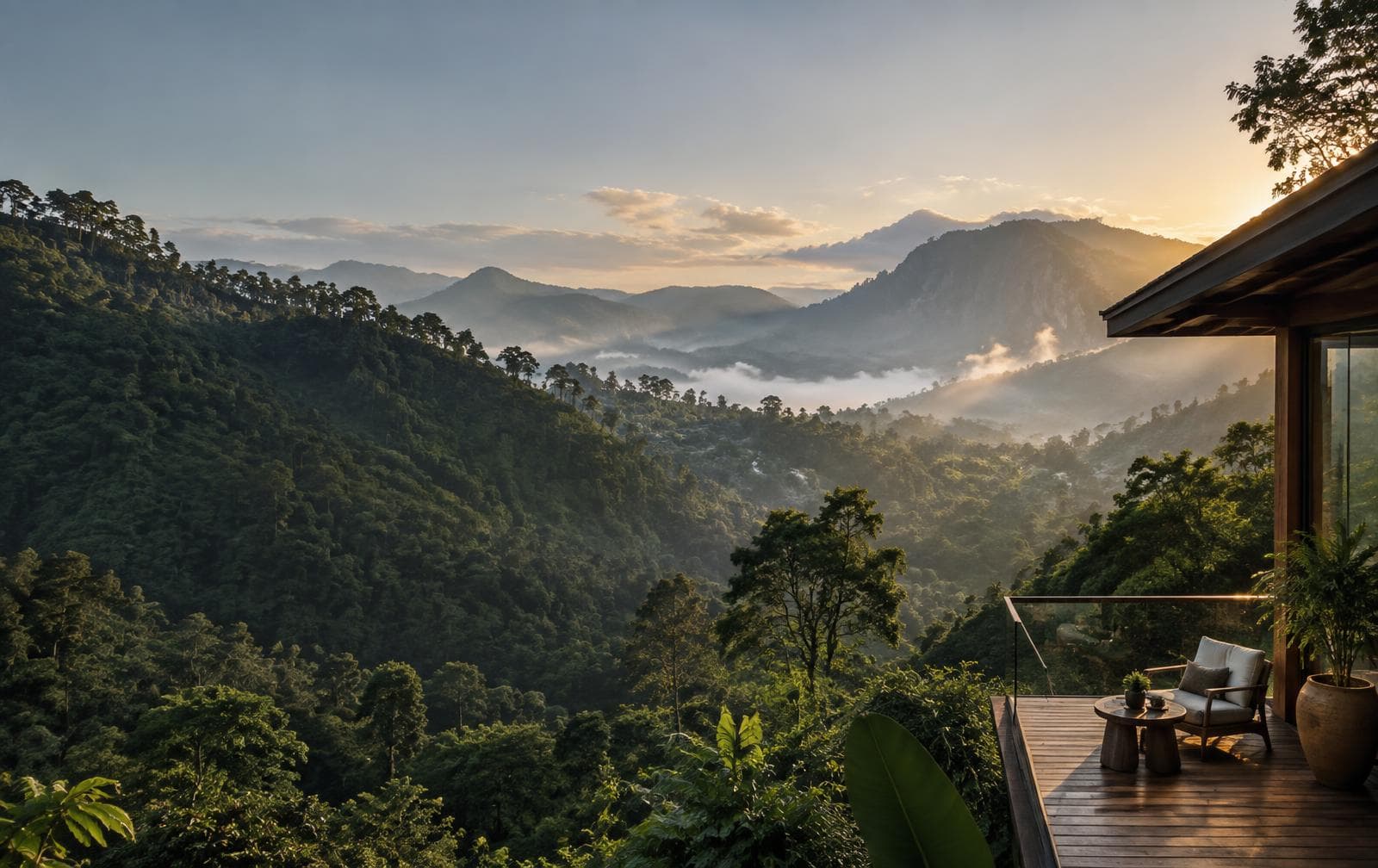 Misty mountain valley viewed from a secluded Ella hillside balcony