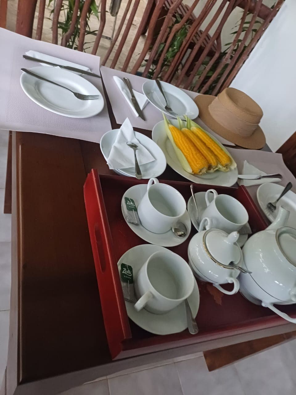Fresh fruit, eggs and toast for breakfast