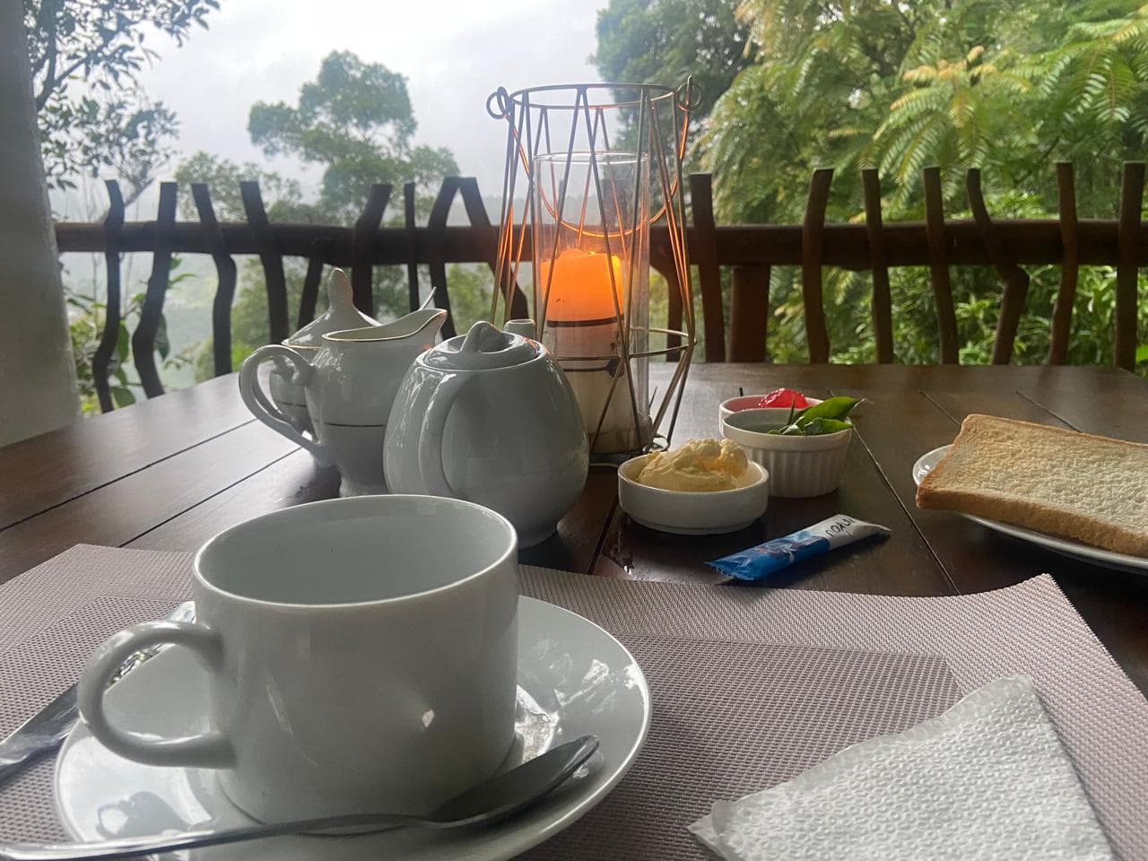 Morning tea by candlelight on the balcony
