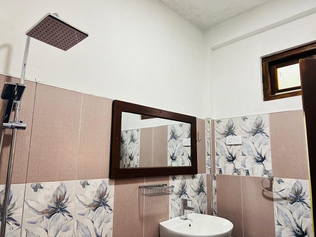 Hidden Cove bathroom rain shower, mirror and basin