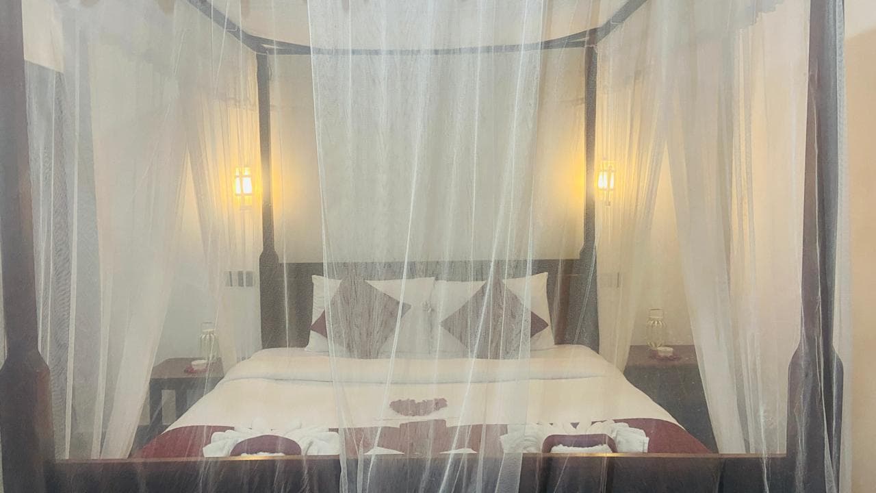 Hidden Cove canopy bed softly lit behind mosquito netting